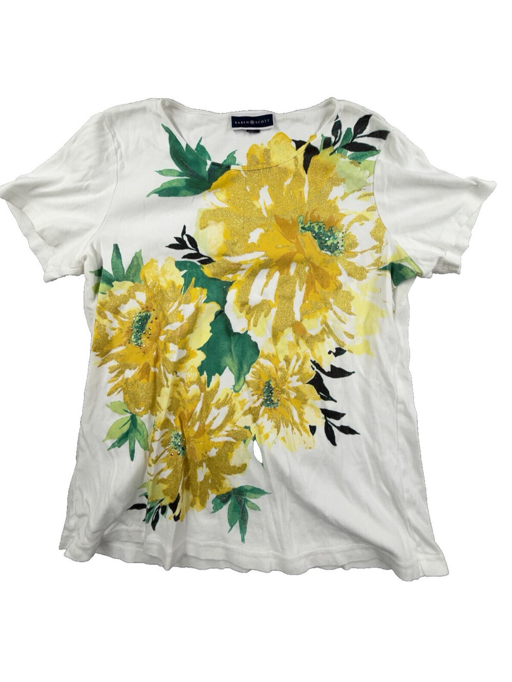 Karen Scott White Floral Short Sleeve Graphic T-Shirt Yellow Flowers No Size Tag